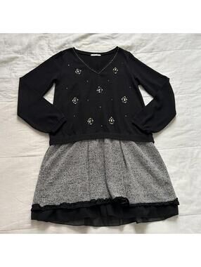 Axes Femme Black Gray Drop Waist Beaded Ruffle Dress M Japan